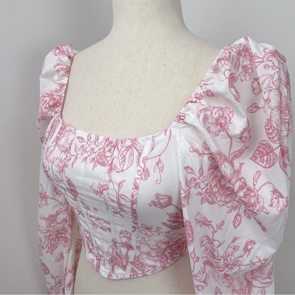 Cider Floral Crop Ribbed Long Puff Sleeve. Pink White. Size XS. #669 - Picture 2 of 6